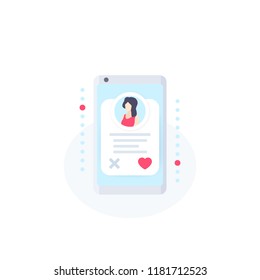 Online dating app, vector icon with girl profile in smartphone