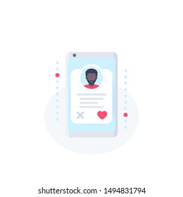 Online dating app, vector icon with man profile in smartphone