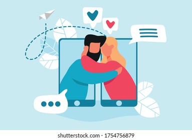 Online dating app video conference chat smartphone love couple vector illustration.