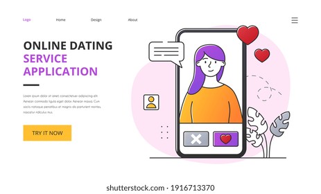 Online dating application abstract concept. Outline flat minimal style vector illustration. Website, web page, landing page template