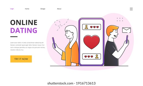 Online dating application abstract concept. Outline flat minimal style vector illustration. Website, web page, landing page template