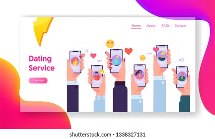 Online Dating Application Concept Landing Page. People in Internet Write Message Each Other. Hand Holding Smartphone Website or Web Page. Virtual Relationship Flat Cartoon Vector Illustration