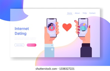 Online Dating Application Concept Landing Page. Male and Female Chatting in Social Network. Hand Holding Smartphone Website or Web Page. Virtual Relationship Flat Cartoon Vector Illustration