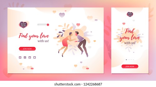 Online dating application design template with romantic illustration of young couple. Desktop and mobile version.