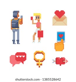 Online dating application, pixel art icon set, chat man women love couple in mobile phone sent message, design for sticker, web, logo. Acquaintance through the social network. Isolated vector. 