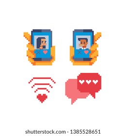 Online dating application, pixel art icon set, hands holding smartphones with portraits of man and woman on screens,  love chat, design for sticker, web, logo. Searching for romantic partner.