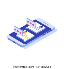 Online dating applications, virtual relationships vector isometric concept. 