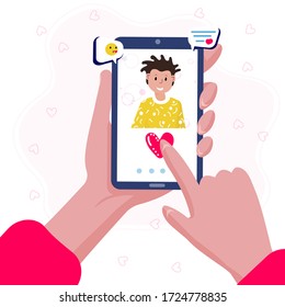 Online dating applications. Woman hold phone in hand. Screen with man profile. Female call her boyfriend. Concept of long distance, virtual relationship. Distant romantic acquaintance.