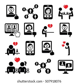 Online Dating Apps, Couples On Date Vector Icons Set 