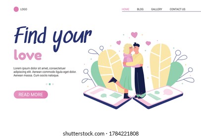 Online dating apps and virtual relationships. Flat vector illustration with male and female chats. Landing page template.