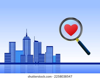 Online dating in big city concept, City building skyscraper with heart concept for valentines day illustration