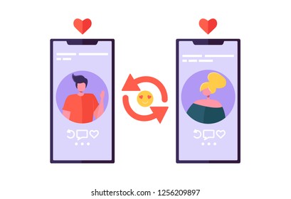 Online Dating Chat App for Romance Connection. Man and Woman Characters Flirting on Smartphone Screen. Modern Social Communication Concept. Flat Cartoon Vector Illustration
