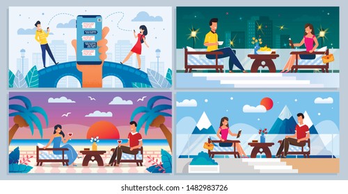 Online Dating Chat and Happy People on Romantic Meeting Cartoon Set. Acquaintance and Communication via Social Media Network. Man and Woman Rest at Resort or Urban Cafe. Vector Flat Illustration