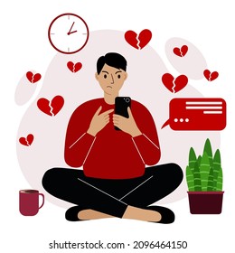 Online dating and chatting. Aggressive man sits cross-legged with a cell phone with broken hearts. Disappointed in love. Vector