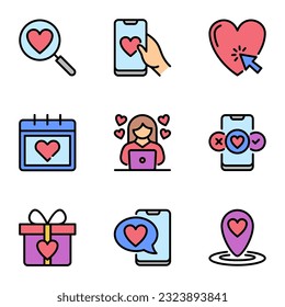 online dating color line icons set. like, relationship, search, conversation, calendar, chat, meeting, romance, support, date, social, application, media, bubble, letter, message