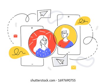 Online dating - colorful line design style illustration. A composition with cute couple, boy and girl chatting on smartphones, using messengers, mobile apps to communicate. Social distancing idea