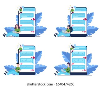Online dating and communication app concept. Virtual relationship and friendship. Communication between people through network on the smartphone. Flat vector illustration set