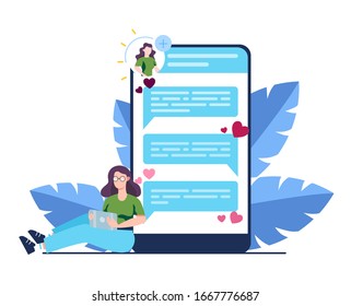 Online dating and communication app concept. Virtual relationship and friendship. Communication between people through network on the smartphone. Flat vector illustration