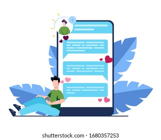 Online dating and communication app concept. Virtual relationship and friendship. Communication between people through network on the smartphone. Flat vector illustration