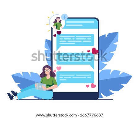 Online dating and communication app concept. Virtual relationship and friendship. Communication between people through network on the smartphone. Flat vector illustration