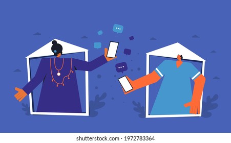 Online dating communication. Remote relationship. Man and woman portraits in frames. Virtual smartphone date, love and relationship. Vector illustration.