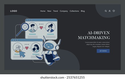 Conceito de namoro online. Robô AI ajuda a encontrar amor com perfis em um site de namoro. Serviço de matchmaking digital com ícones do coração. Ilustração vetorial.