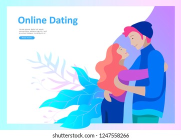 Online dating concept app login page with Funny cartoon characters couple. Modern graphic elements for web banners, web design, printed materials. Flat design vector illustration