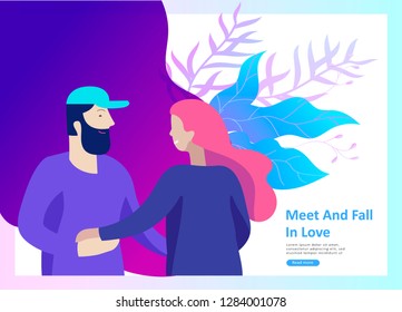 Online dating concept app login page with Funny cartoon characters couple. Modern graphic elements for web banners, web design, printed materials. Flat design vector illustration