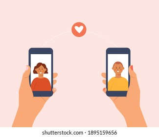 Online dating concept. Dating app. Virtual relationship. Video call among lovers. Man and woman hand holding smartphones with each other profile. Modern vector illustration in cartoon flat style
