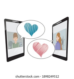 Online dating concept. Dating app. Virtual relationship. Video call among lovers. The man and the woman in the smartphone exchange hearts, get to know each other. Love, long distance communication. 