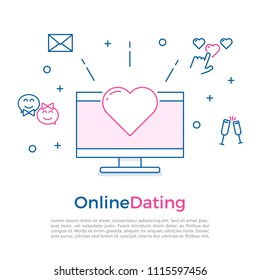 Online dating concept banner with computer, heart and other online and offline romance related icons 