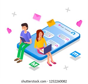 Online dating concept banner. The guy and the girl communicate through a dating site. Communication and meetings via the Internet. Vector isometric illustration.