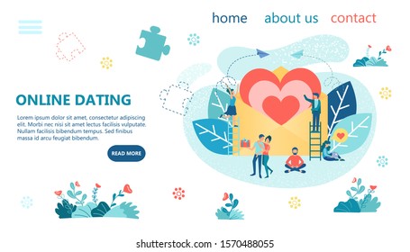 Online Dating Concept Banner Vector Illustration. Tiny people  send each other messages, confess their love, chat. Heart in an envelope as a symbol of a love message, communication and approche