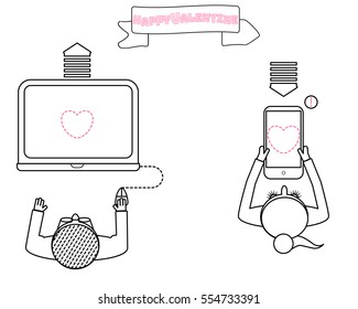 Online dating concept. Boy sitting with laptop and sending love messages to girls mobile phone. Happy Valentine outline card on white background