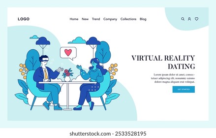 Conceito de Encontros Online. Um casal se envolve em realidade virtual namoro com elementos de romance em uma paisagem digital. O futuro dos relacionamentos. Ilustração vetorial.