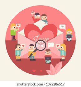 Online Dating Concept. Cute Cartoon People Send Love Email Messages via Mobile Gadgets. Idea of Internet or Remote Relationship. Flat Big Heart in Envelope. Vector Illustration. Retro Colors.