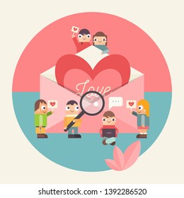 Online Dating Concept. Cute Cartoon People Send and Receive Love Email Messages via Mobile Gadgets. Idea of Internet or Remote Relationship. Big Heart in Envelope. Vector Illustration. Flat Design.
