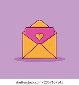 Online Dating Concept. Cute Cartoon People Send Love Email Messages via Mobile Gadgets. Idea of Internet or Remote Relationship. Flat Big Heart in Envelope. Illustration. Retro Colors.