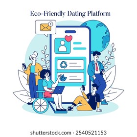 Online Dating concept. Eco-conscious singles interact on a green dating platform surrounded by nature-inspired elements. Vector illustration.