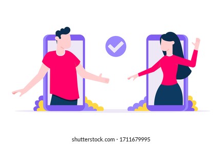 Online dating concept flat style design vector illustration isolated on white background. Man and woman couple talking in big smart phones romantic application. Love and relationship composition.