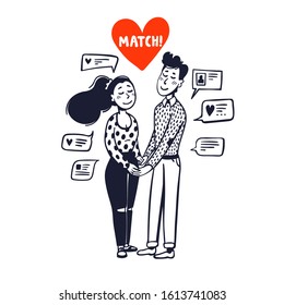 Online dating concept. Girl and boy holding hands surrounded by chat messages. Doodle style vector illustration
