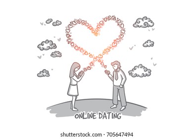 Online dating concept. Hand drawn young man and woman sending love messages. Happy woman sending love text message on mobile phone isolated vector illustration.