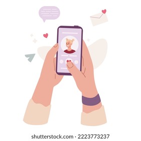 Online dating concept. Hands holding phone with girl’s profile on the screen. Like button, match. Internet dating. Flat vector illustration.