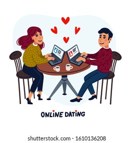 Online dating concept. Happy couple sitting in a cafe with laptops. Young man and woman searching for love with an online application. Flat style vector illustration