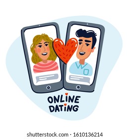 Online dating concept. happy couple on phone screens. Young man and woman searching for love with a Mobile phone application. Flat style vector illustration