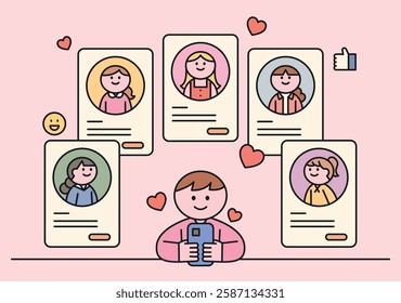 Online dating concept illustration. A person browsing dating profiles on a mobile app, surrounded by potential matches. Cute flat-style characters with pastel colors, perfect for modern dating