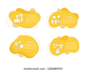 Online dating concept illustrations. Romantic relationships infographic template. Fluid elements with text and linear icons. Four wavy bubbles steps. Presentation, banner report vector cliparts
