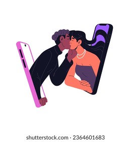 Online dating concept. Interracial couple kiss. People in relationship by phone, screen. Internet service for acquaintance. App to find romantic pair. Love flat isolated vector illustration on white