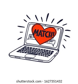 Online dating concept. Laptop with online dating application on the screen. Heart with match inscription on a computer screen. doodle style vector illustration