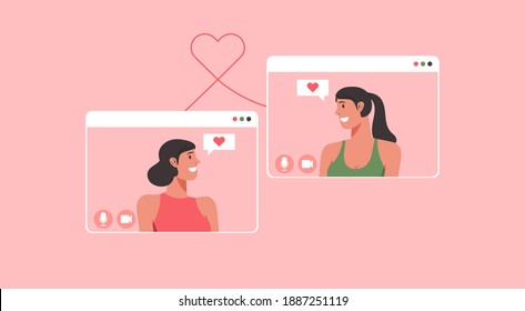 online dating concept, LGBT couple chatting via video calling with long distance relationship and virtual love on social networking, flat vector illustration